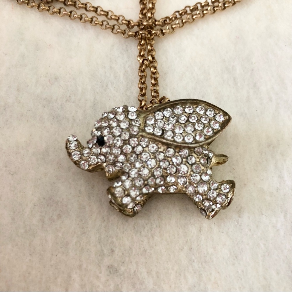Whimsical Flying Baby Elephant Pendant on 30" chain gold tone rhinestones